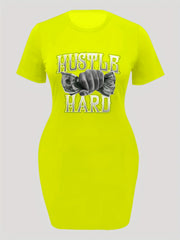  Graphic Print Short Sleeve Round Neck High Stretch Dress