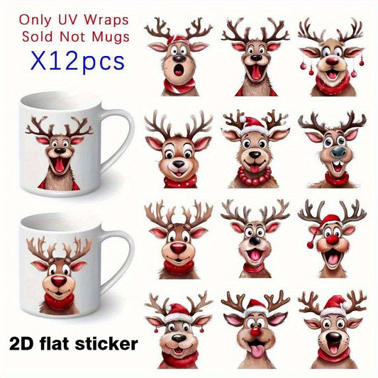 12pcs Christmas Deer Cartoon Vinyl Stickers for Cup Laptop Helmet DIY