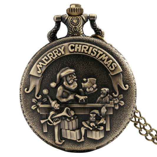 Bronze Santa Claus Merry Christmas Theme Quartz Pocket Watch