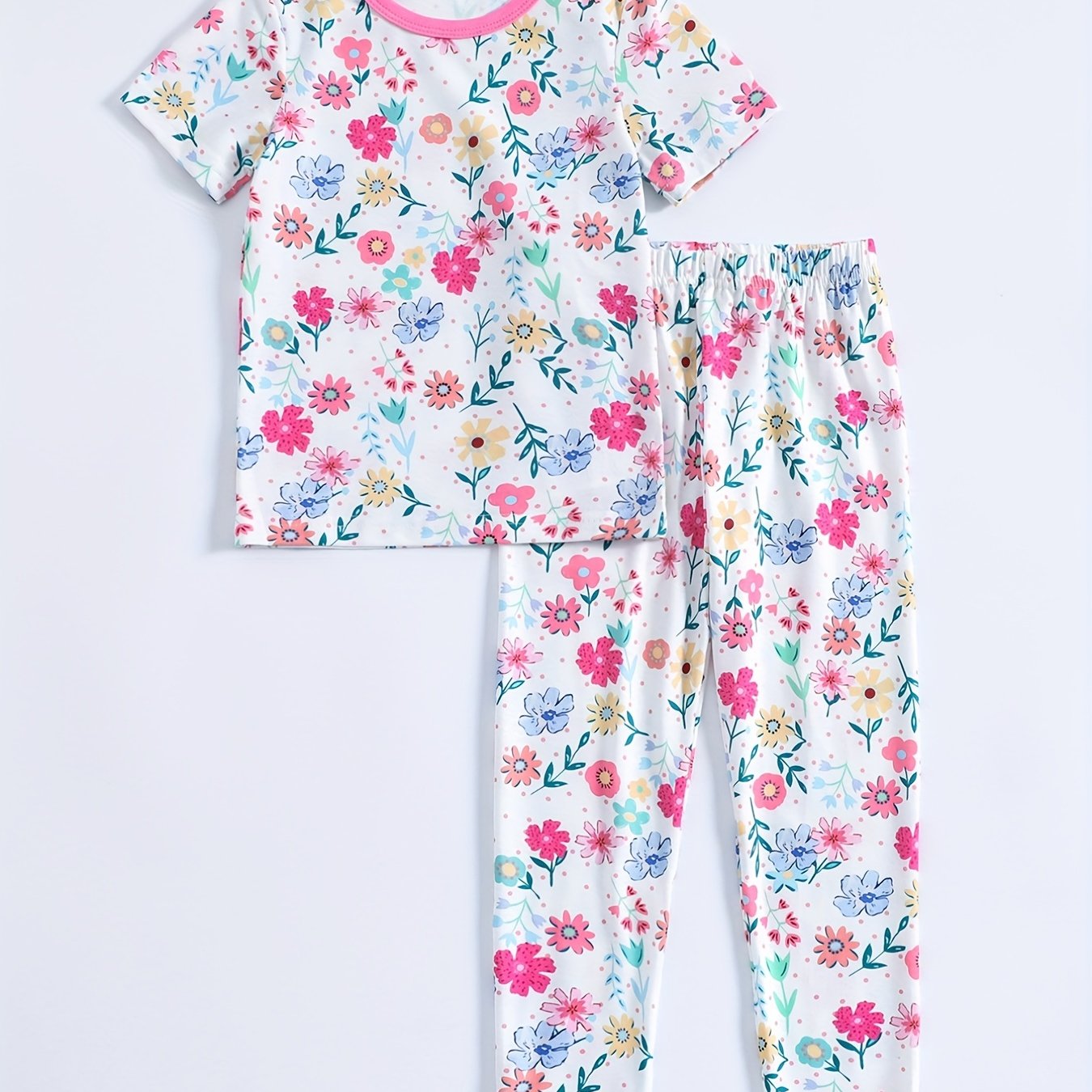 Girl's 2pcs Floral Print Pajama Set Short Sleeve Top & Pants