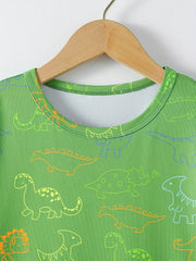 Boys Dino Print Pajama Set Short Sleeve Round Neck Elastic Waist Pants