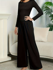 Lounge Solid 2pc Set Slim Long Sleeve T shirt & Wide Leg Pants