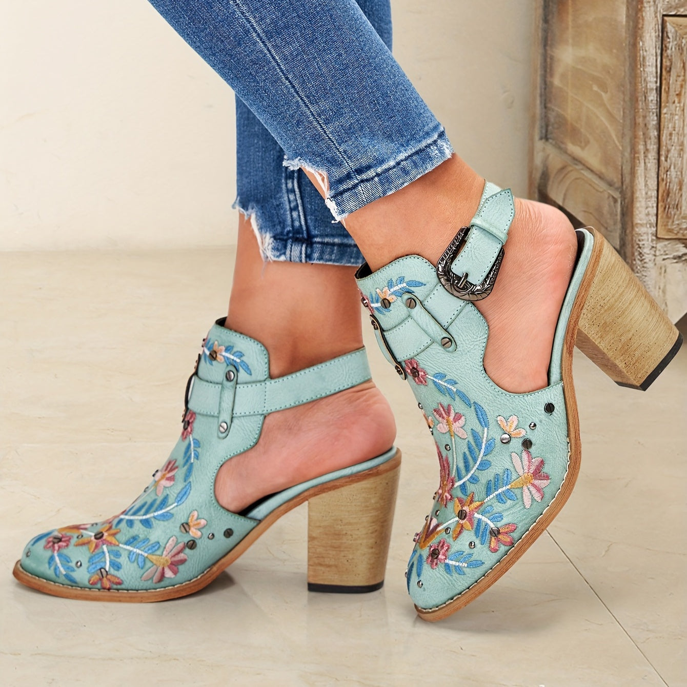 Embroidered & Studded Chunky Heeled Boots
