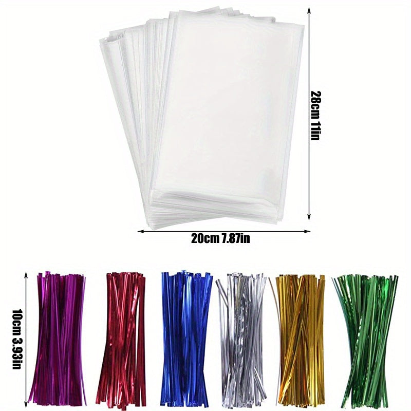 100 Clear Cellophane Bags with Twist Ties for Bakery Cookies & Candies