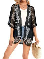 Semi Sheer V Neck Print Cover Up Shirt for Women
