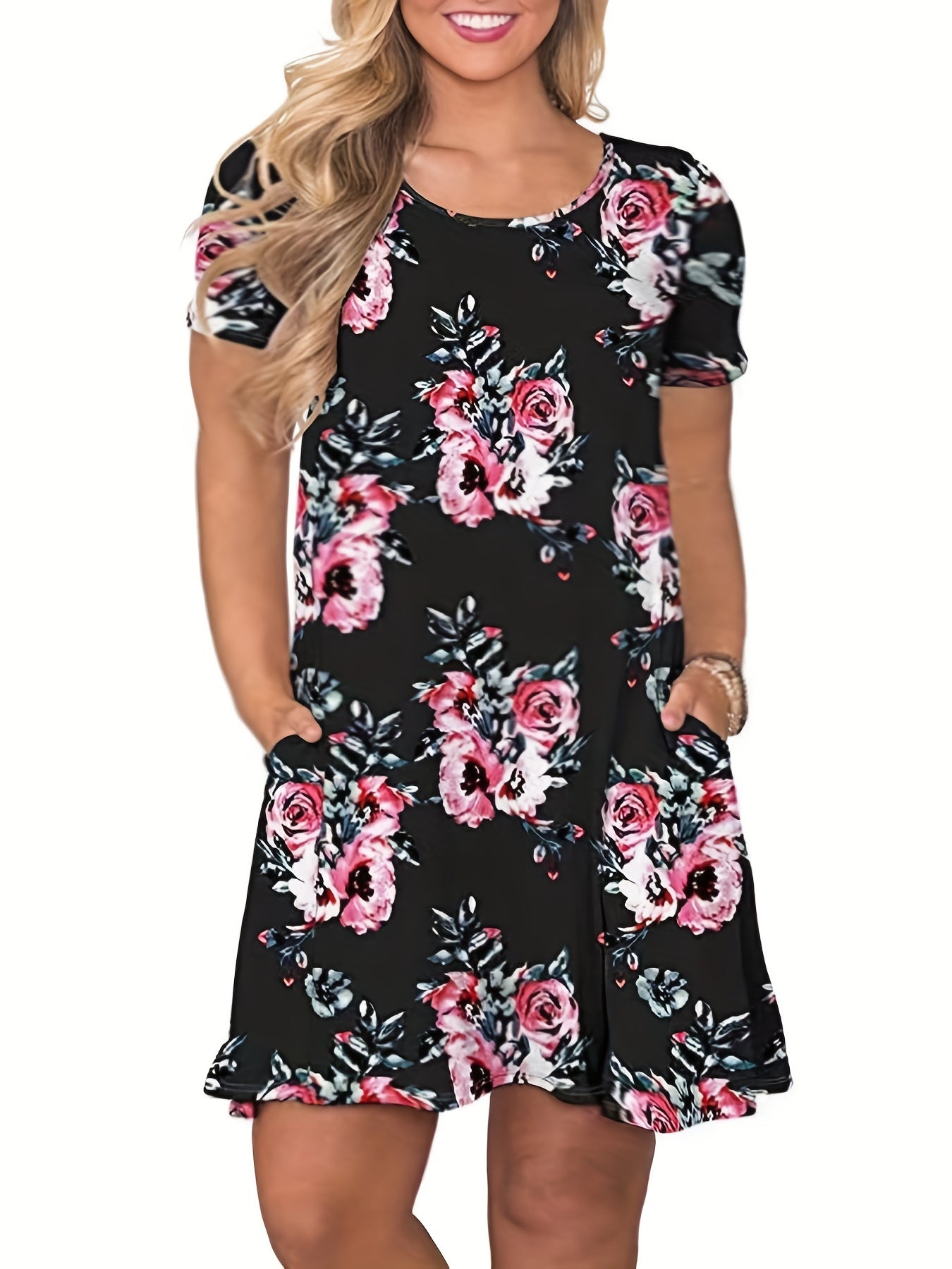  Women's Rose Print Short Sleeve Midi Dress With Pockets
