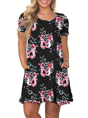  Women's Rose Print Short Sleeve Midi Dress With Pockets
