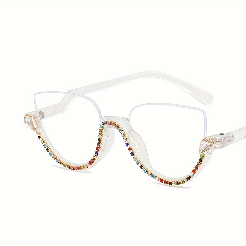 Cat Eye Clear Lens Glasses Rhinestone Decor Semi Rimless Party Glasses