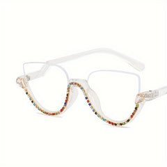 Cat Eye Clear Lens Glasses Rhinestone Decor Semi Rimless Party Glasses