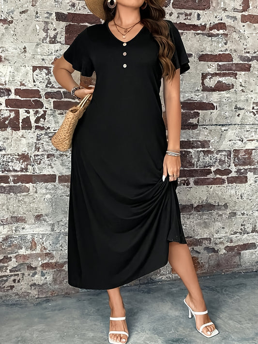  V-Neck Maxi Dress with Button Detail