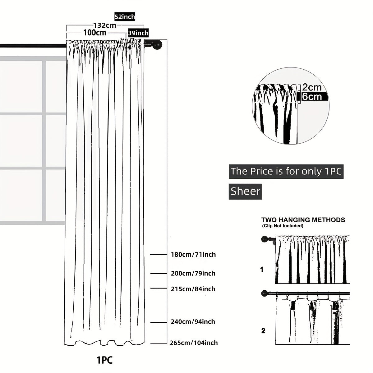 Sheer Curtain with Rod Pocket for Home Decor