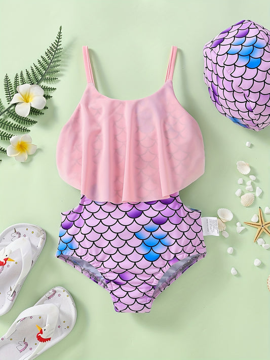 Girls Fish Scale Print Swimsuit Stylish Swimwear For Kids