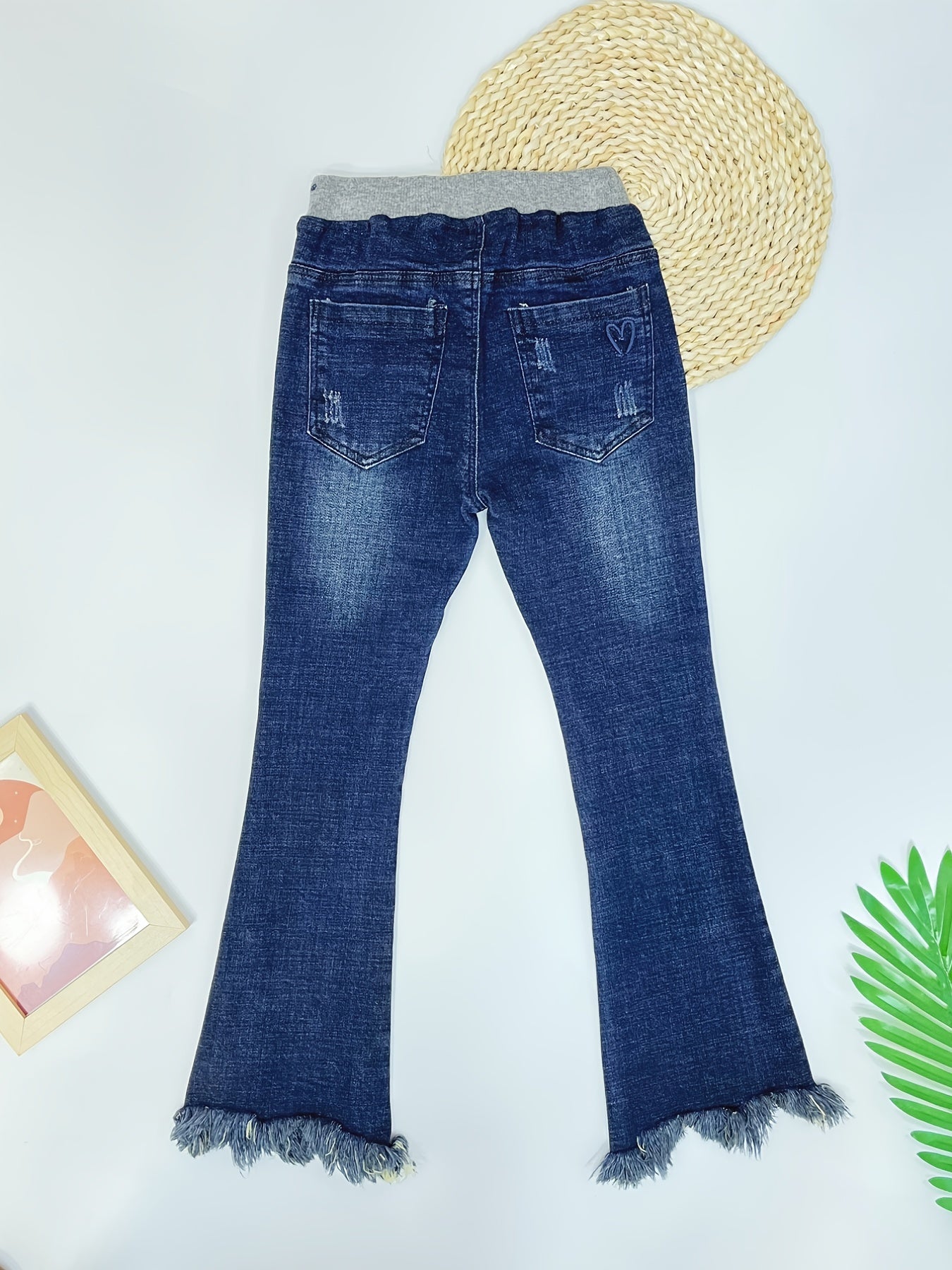 Girls Flared Jeans Denim Pants Elastic Waistband