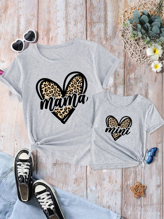 Leopard Heart Print Mama and Mini Matching T Shirt Set for Family Outfits