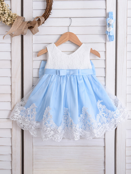 Baby Girls Lace Mesh Bowknot Sleeveless Princess Dress
