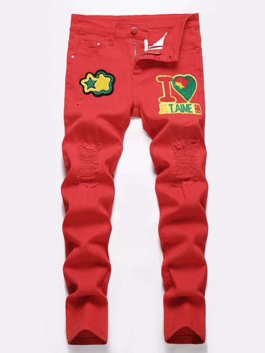 Boys Letter Patch Ripped Jeans