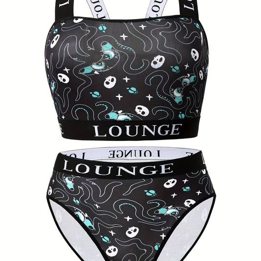  Gothic Halloween Underwear Set Octopus Skull Print Bra