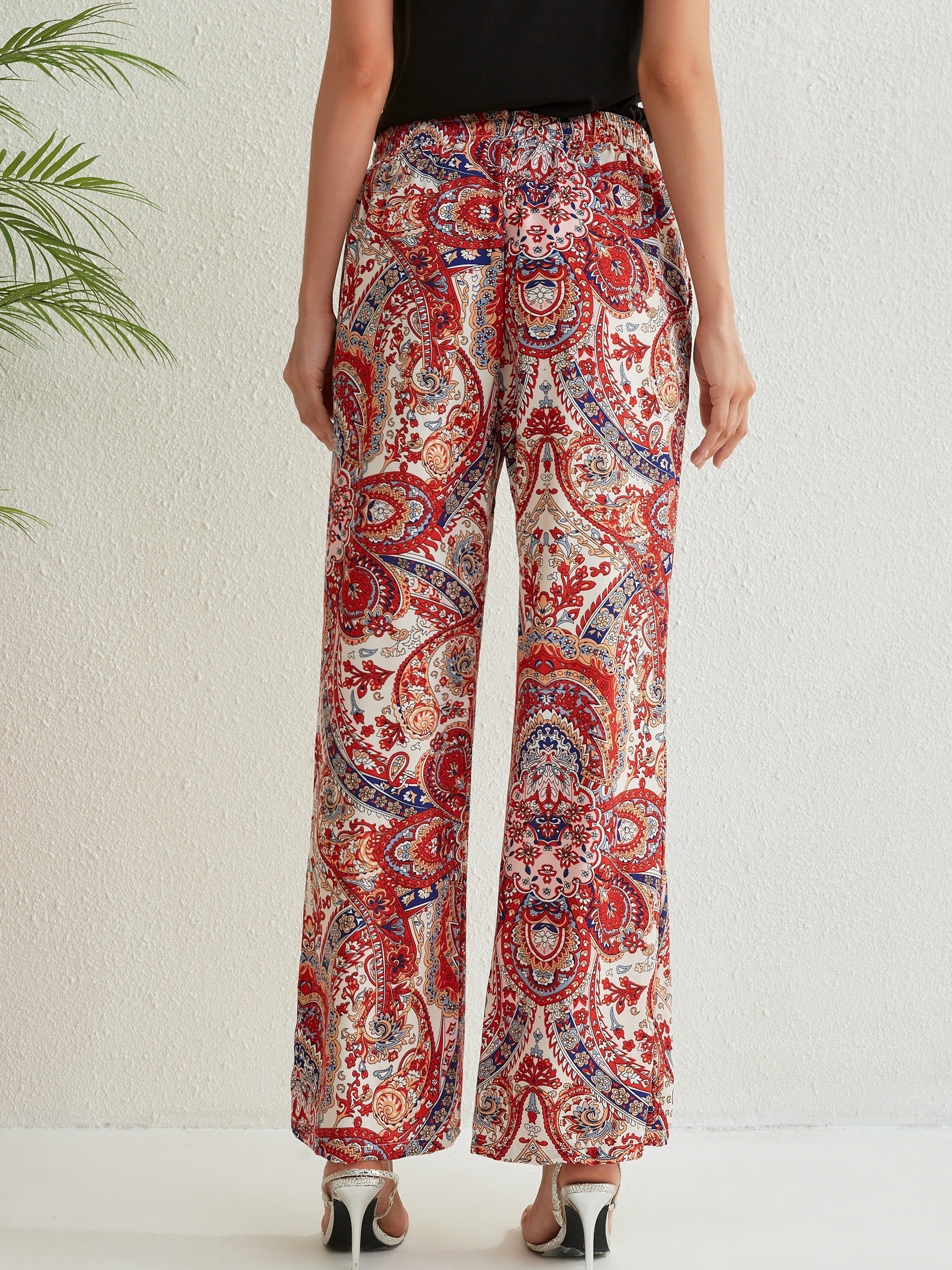 Paisley Print Drawstring Pants Bohemian Pants For Spring & Summer
