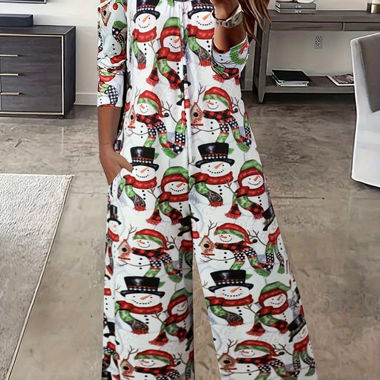  Snowman Print Cold Shoulder Jumpsuit
