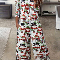  Snowman Print Cold Shoulder Jumpsuit