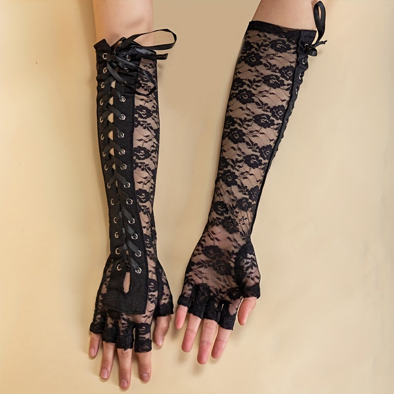 Y2K Lace Up Long Gloves Half Finger Decorative Bowknot Punk Gloves