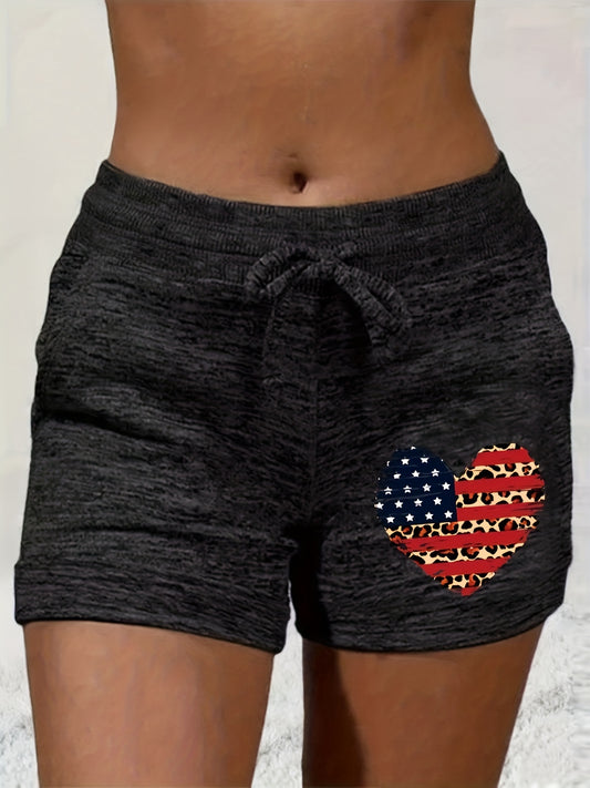 Heart Print Drawstring Shorts Casual Shorts For Summer & Spring