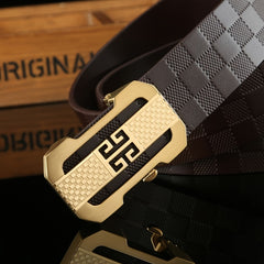 Men's Cowhide Belt Checkerboard Pattern 3.25in Width Stainless Steel Buckle