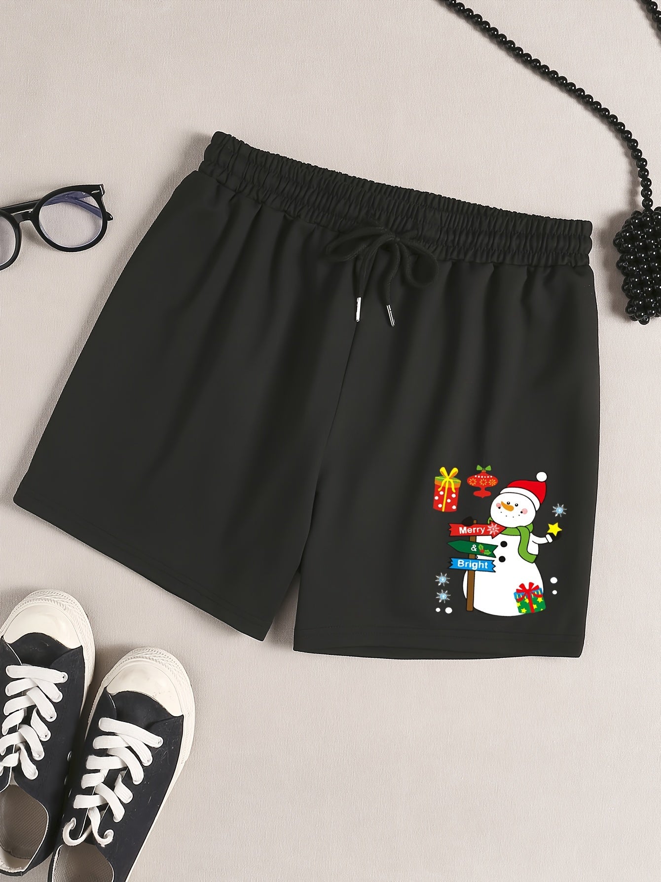 Women's Plus Snowman Print Drawstring Elastic Waist Shorts