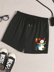 Women's Plus Snowman Print Drawstring Elastic Waist Shorts