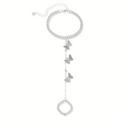 Vintage Butterfly Tassel Finger Ring Bracelet Hand Jewelry