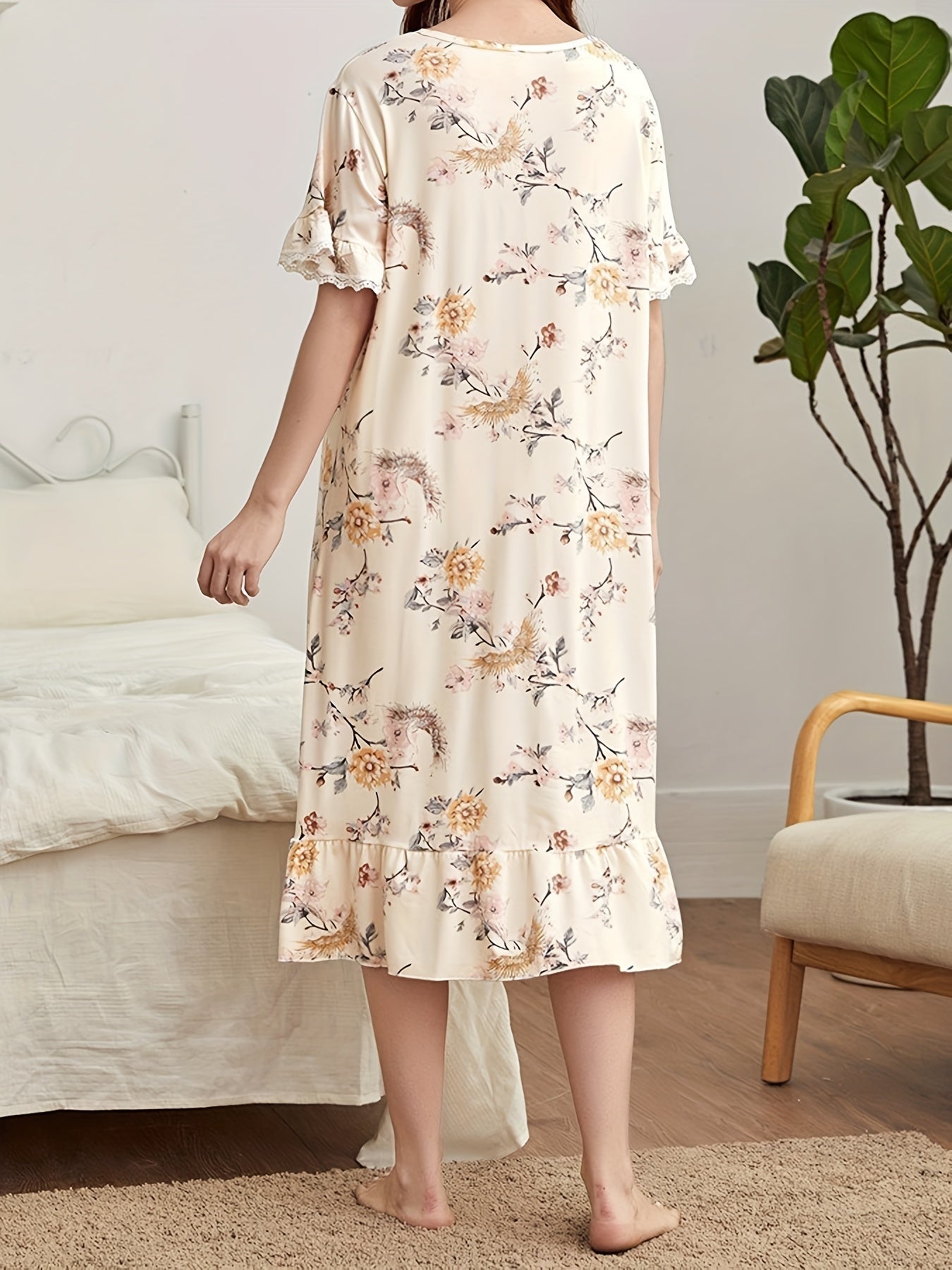 Floral Print NightDress Short Sleeve Ruffle Pajama Dress