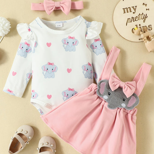 Baby Girls Elephant Romper & Skirt Set with Headband