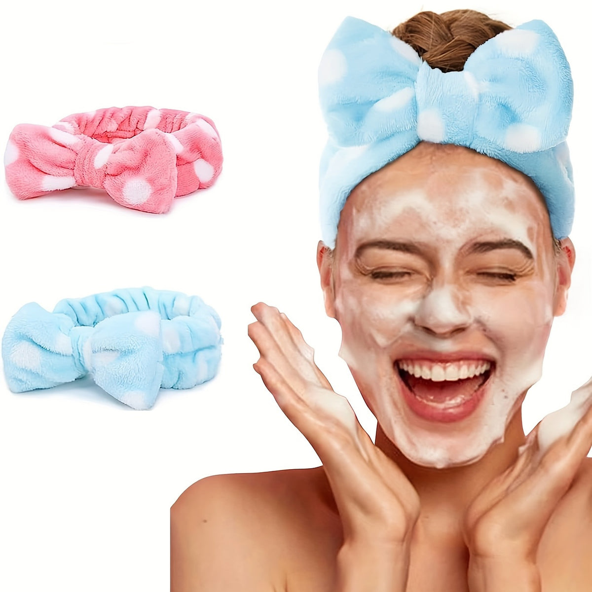2pcs Polka Dot Bow Headband for Daily SPA Skin Care