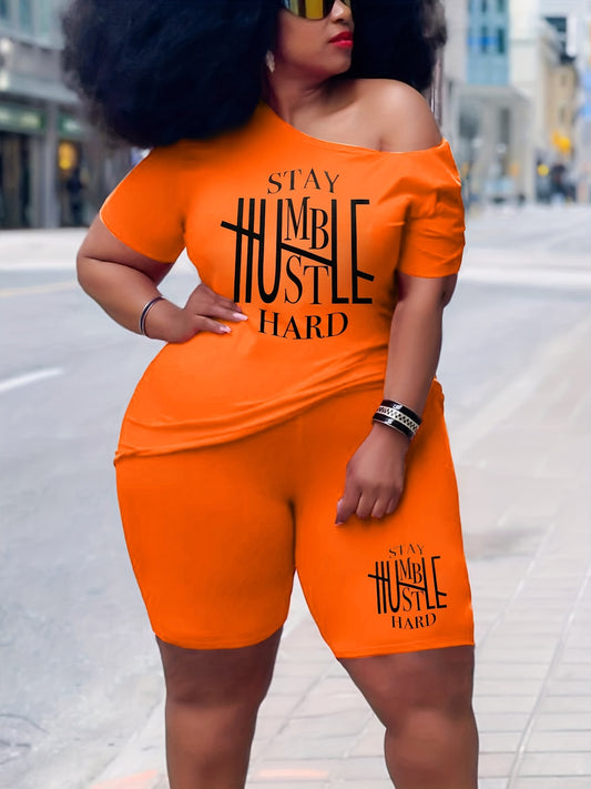 Women's Plus Letter Print Tee & Shorts Two Piece Set