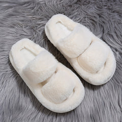 Double Strap Platform Slippers Casual Slip On Plush Shoes