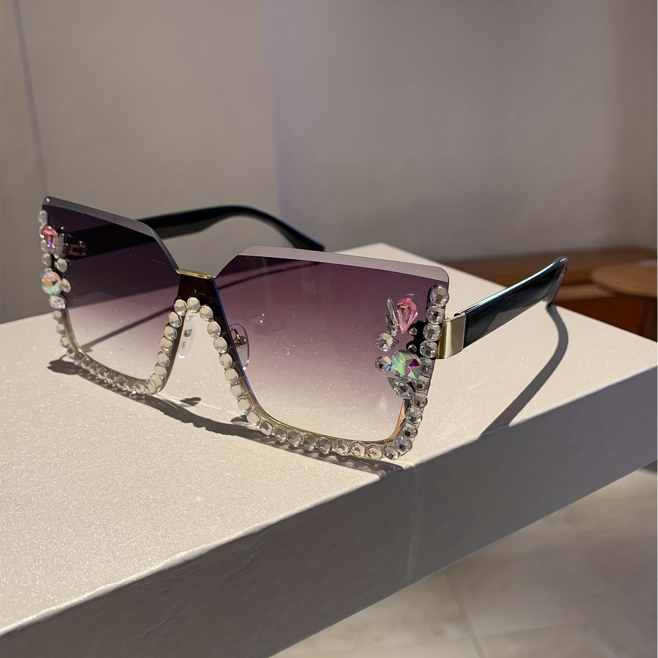 Square Rimless Sunglasses Rhinestone UV400 Shades