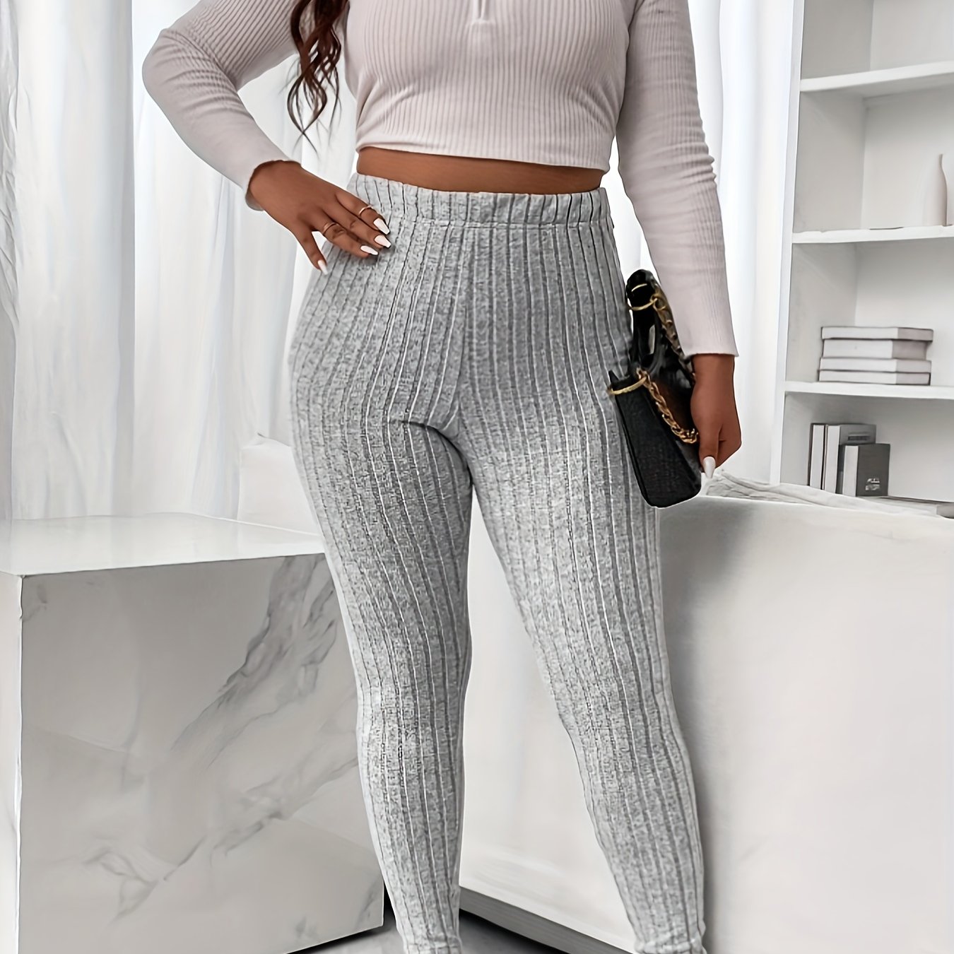  Solid Ribbed High Rise Stretch Skinny Trousers