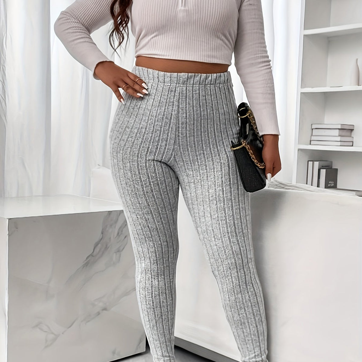  Solid Ribbed High Rise Stretch Skinny Trousers