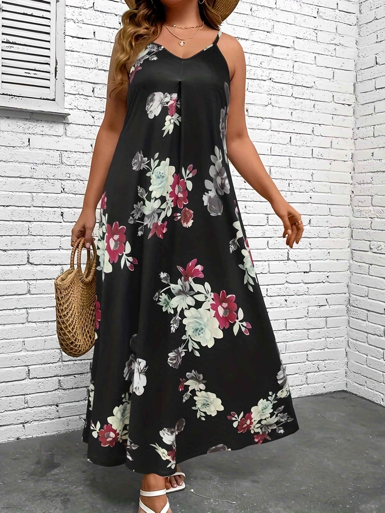  Floral Print V Neck Maxi Cami Dress