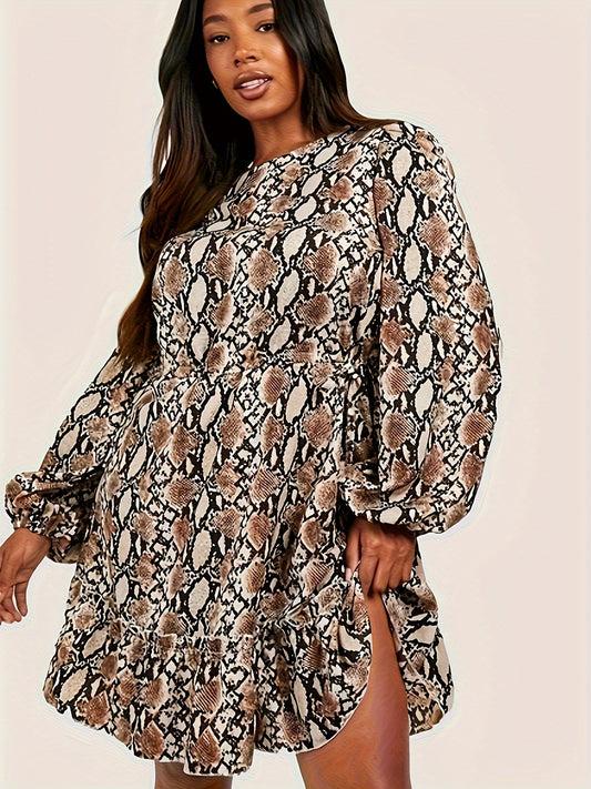  Snake Print Lantern Sleeve Smock Dress