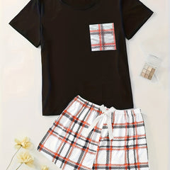 Plaid Print Pajama Set Short Sleeve Top & Shorts