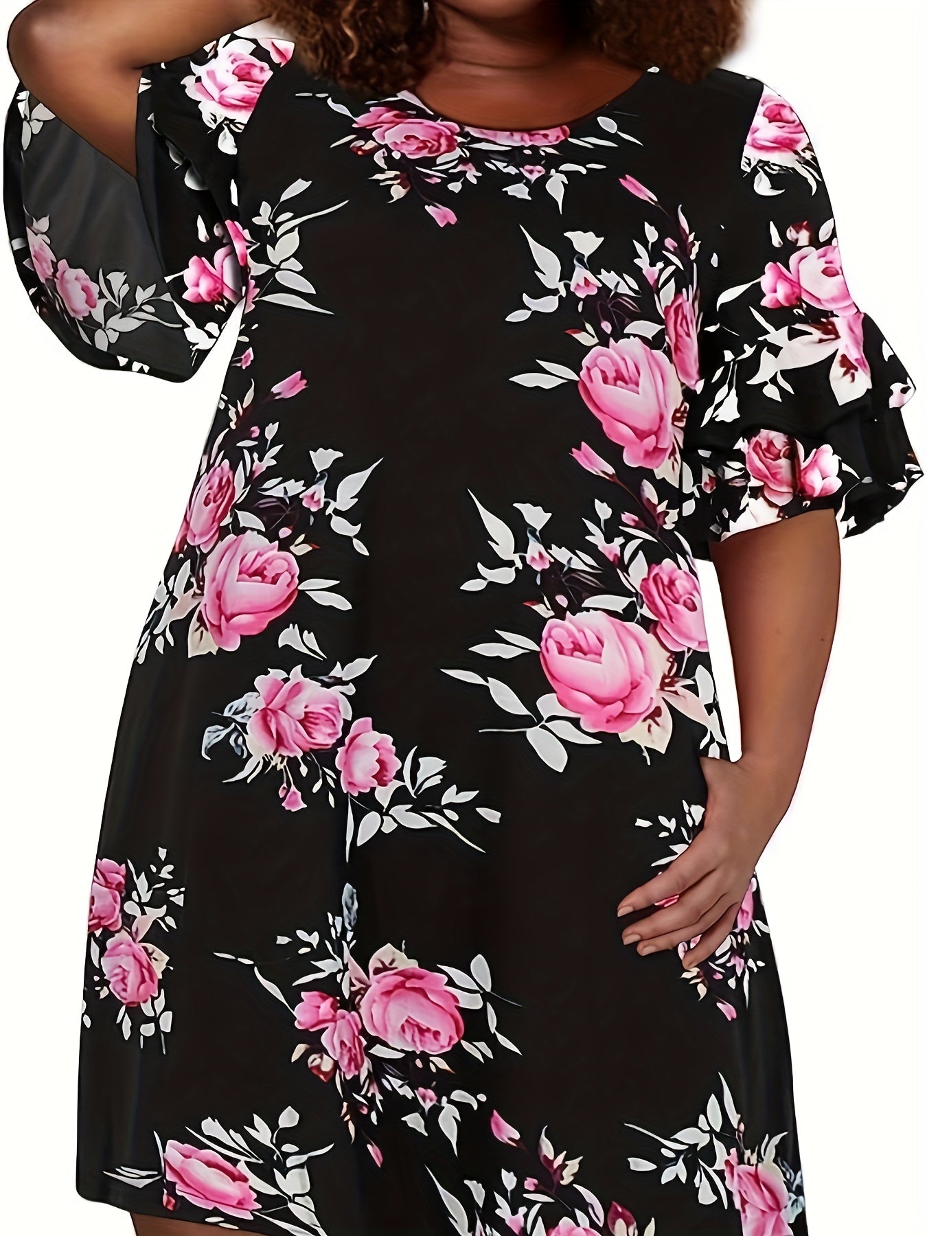  Floral Print Ruffle Trim Short Sleeve Dress