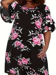 Floral Print Ruffle Trim Short Sleeve Dress