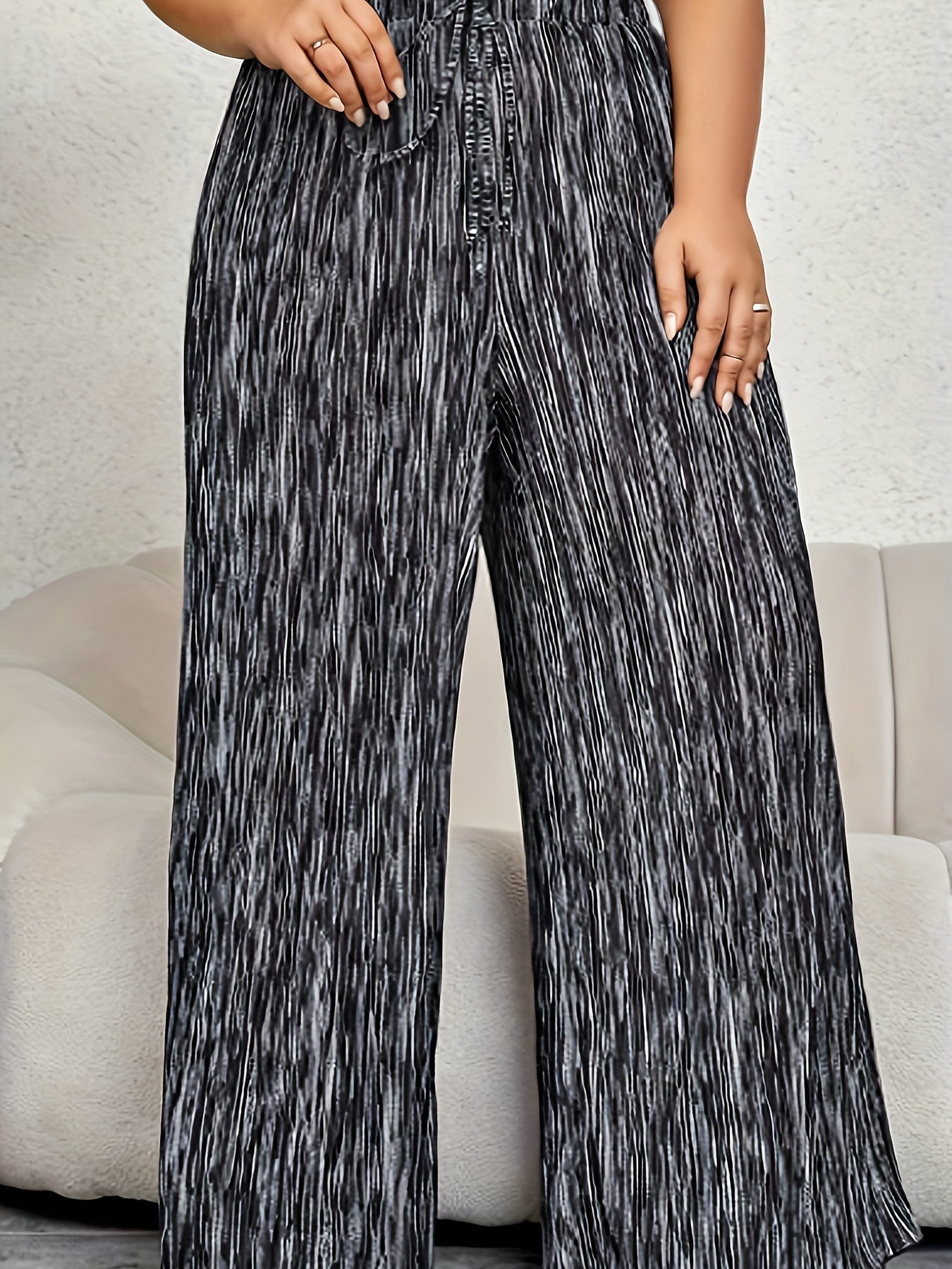 Print Elastic Drawstring Wide Leg Trousers