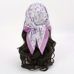 Purple Floral Print Bandana Satin Square Scarf Neckerchief Head Wrap