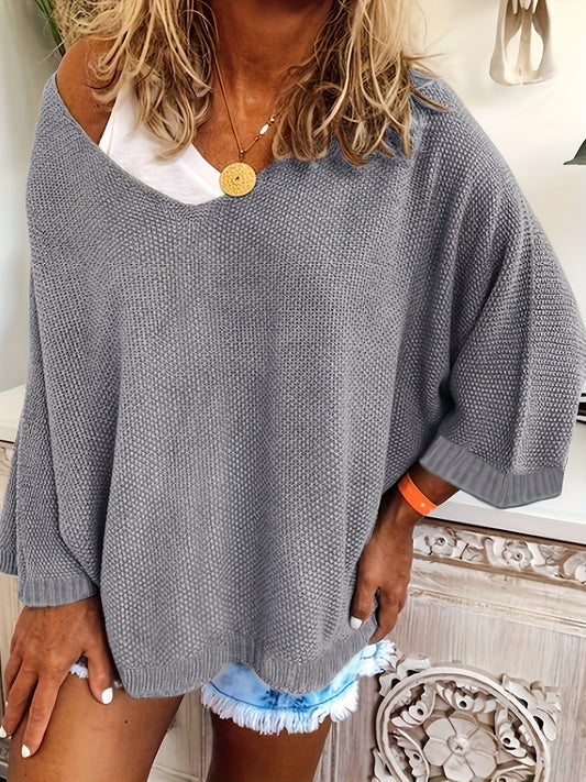  Casual Sweater Women's Plus Solid Batwing Sleeve V Neck Loose Sweater