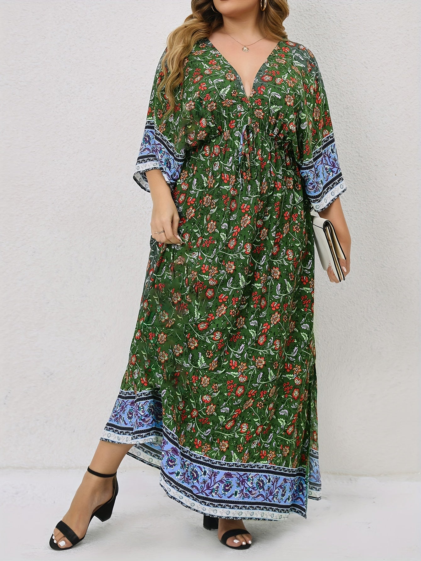  Boho Dress Floral Print V Neck Knot