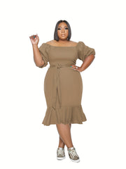  Solid Off Shoulder Bubble Sleeve Dress