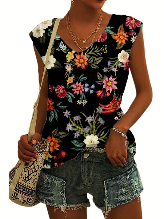 Floral Print V-Neck Cap Sleeve Tank Top