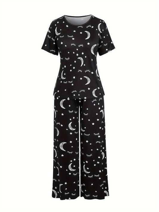  Sun & Moon Print Pajamas Set Short Sleeve Tee & Pants 2 Piece Set